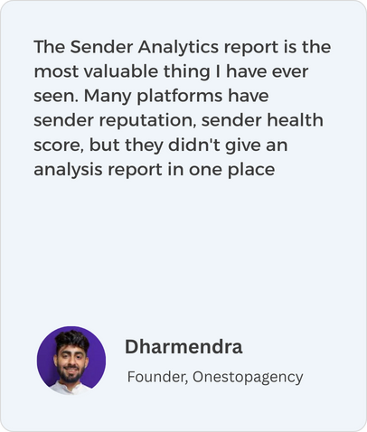 The Sender Analytics report is the most valuable thing I have ever seen. Many platforms have sender reputation, sender health score, but they didn't give an analysis report in one place